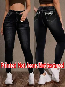 New Women's Long Pants, Fitted Skinny Jeans Style, Printed Design, Non-Denim Material, All-Season Wear, Comfortable Bottoms