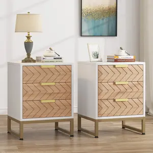 Tribesigns 3 Drawers Nightstand Set of 2, Modern Bedside Table with Unique Chevron Design, with Gold Metal Legs for Bedroom