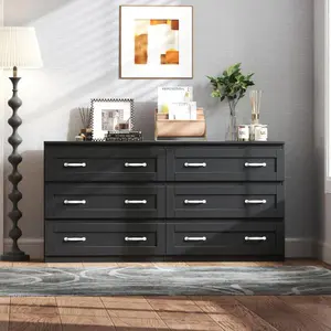 Modern black side cabinet with 6 drawers , Wood Chest of Drawers with Metal Handle, Storage Organizer for Living Room , Bedroom or Hallway