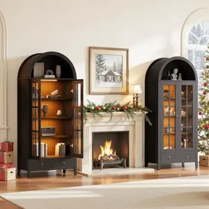 【2 Pcs Set】XIZZI 71" Tall Arched Kitchen Pantry with Glass Doors, Rechargeable Magnetic LED Lights & Motion Sensor, Versatile Cupboard with 4-Tier Shelf, Storage Lockers, Large Cabinet for Kitchen, Living Room, Home Office