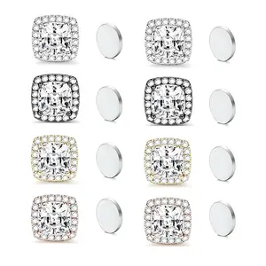 Stainless Steel Magnetic CZ Square Halo Stud Earrings for Men Women, Square Cubic Zirconia Inlaid Magnetic Earrings Non-Piercing Clip On Stud Earring