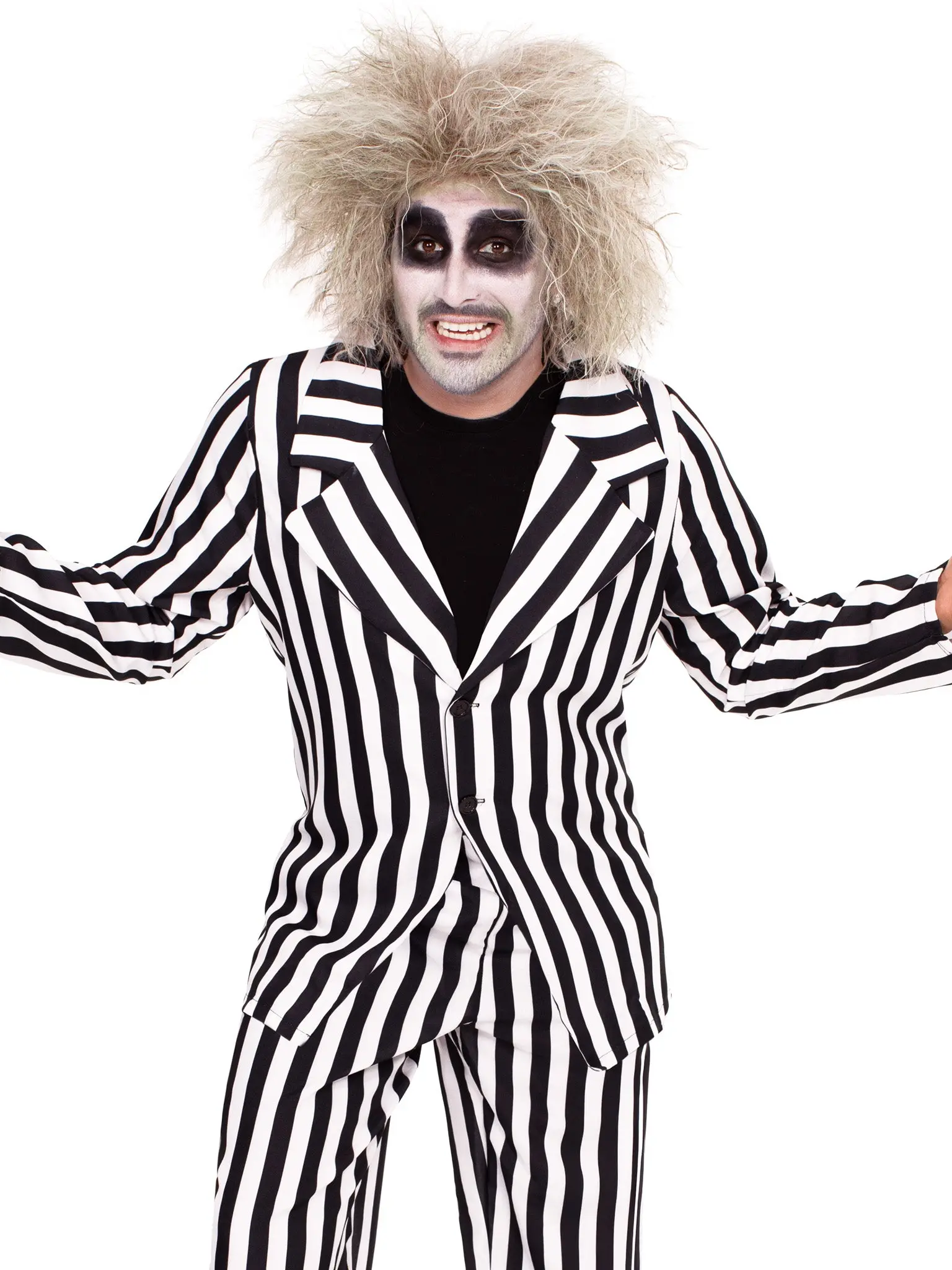 Leg Avenue Men's Beetle Boss Costume, Stylish Striped 2-Piece Set with Matching Jacket and Pants for 80s Halloween & Cosplay Fun, Menswear, Clothes, Beetlejuice Costume, Ghost, Jacket&Pants, Do Not Iron, Drip Dry, Retro, Fitted