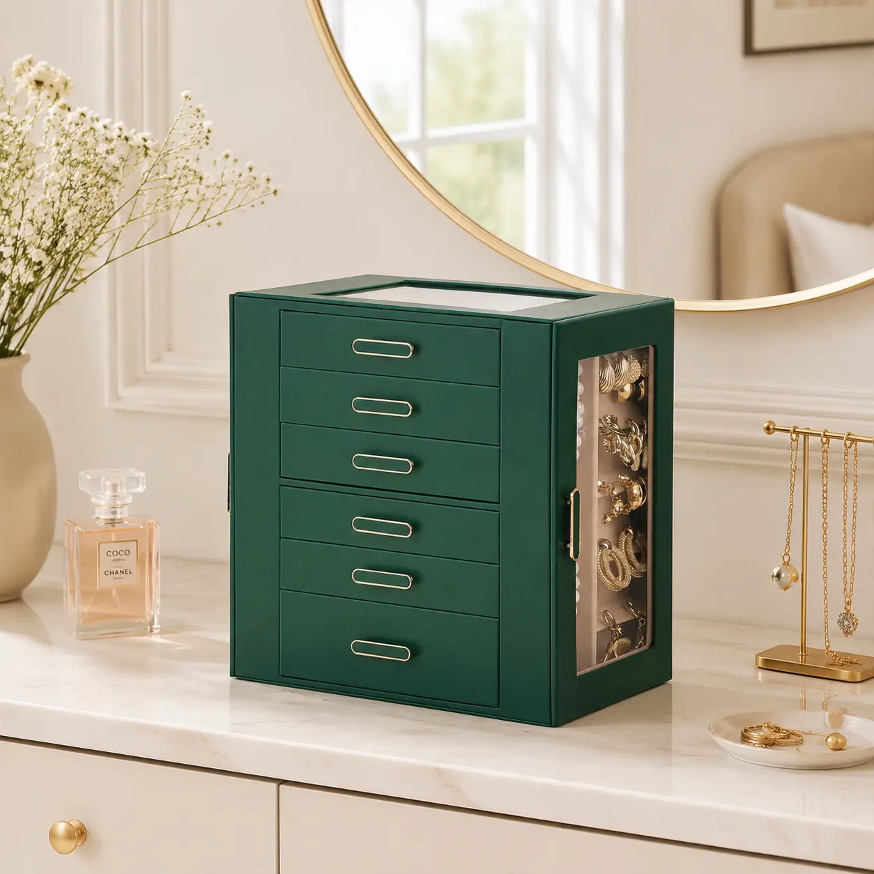 BOOVO Jewelry Organizer Box Jewelry Storage Case Leather Modern Large Jewelry Storage Box for Women, 6-Layer Multifunctional Personal Organizer with 6 Drawers, 2 Glass Doors & Glass Lid – Ideal Gift（Book green）