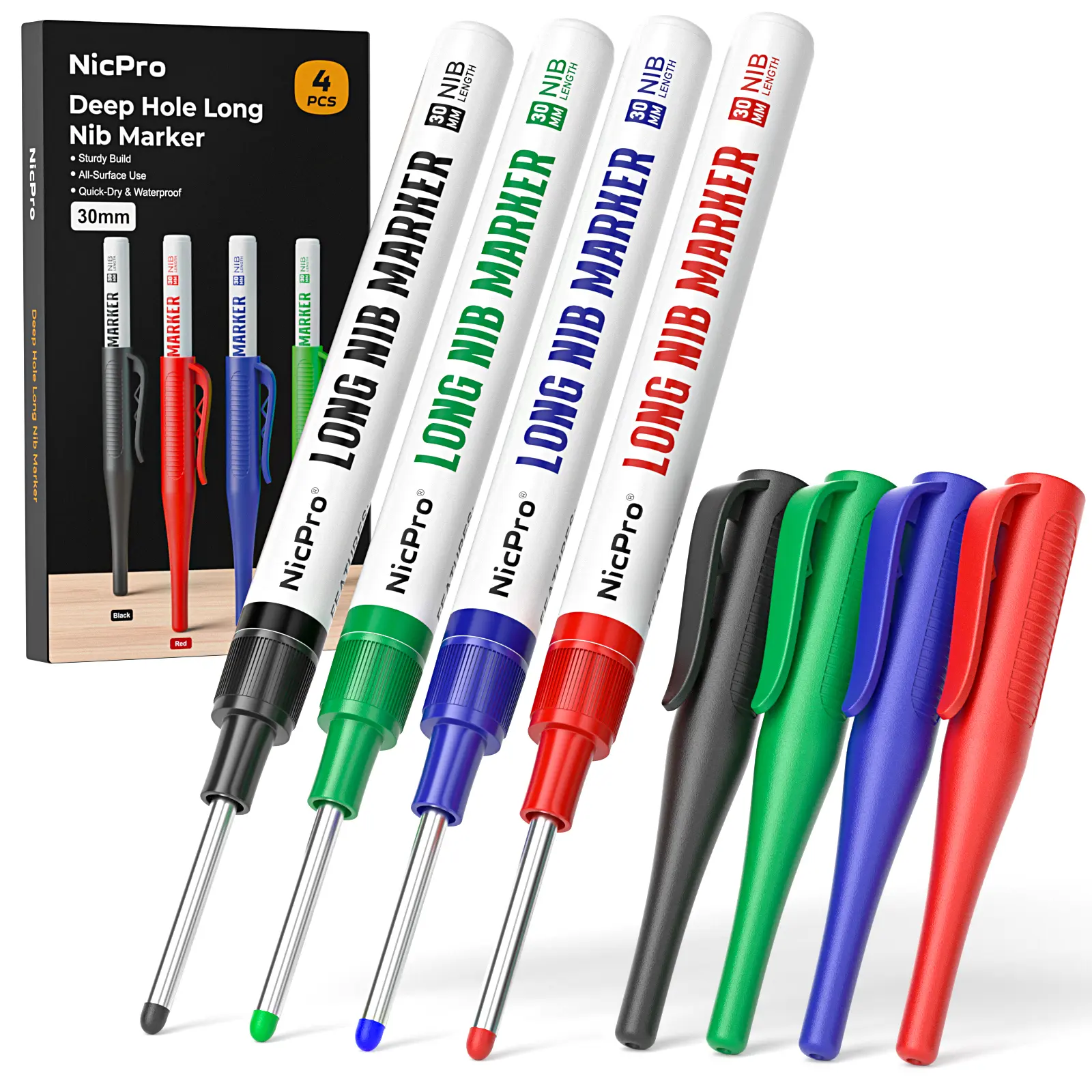 Nicpro 4 PCS Long Nib Marker Pens, 30mm Deep Hole Marker, Quick Dry & Waterproof Construction Markers, Long Head Markers for Metal, Steel, Tile, Glass, Carpenter Marking Pen for Woodworking