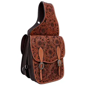 Hilason Western Horse Floral Heavy-duty Trail Ride Genuine Leather Saddle Bag | Equestrian Western Adjustable Closure