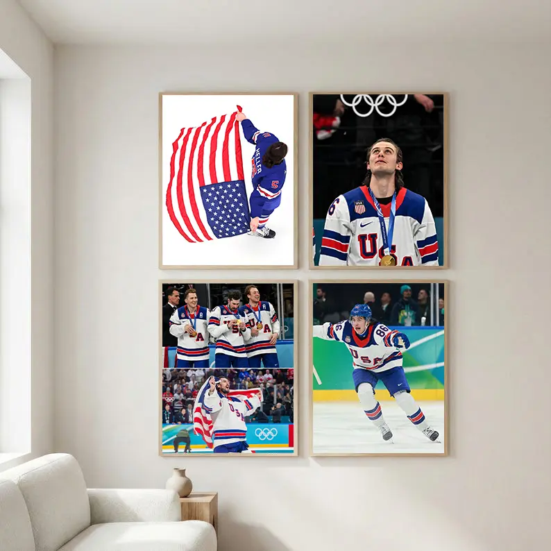 Olympic USA Hockey Champions Gold Medal Poster, Olympic Ice Hockey Victory Artwork, Down But Never Out Inspirational Print, Sports Wall Decor for Men, Champion Collection Gift Idea.