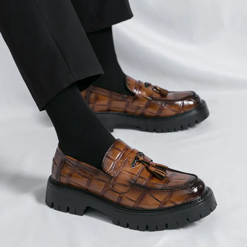 Men's Leather Printed Platform Penny Loafers - Round Closed-Toe, Metal Decoration, Anti-Slip Lug Outsoles, Slip-On Dress Shoes for Office, Driving, Platform Loafers, Anti-Slip Outsoles Loafers