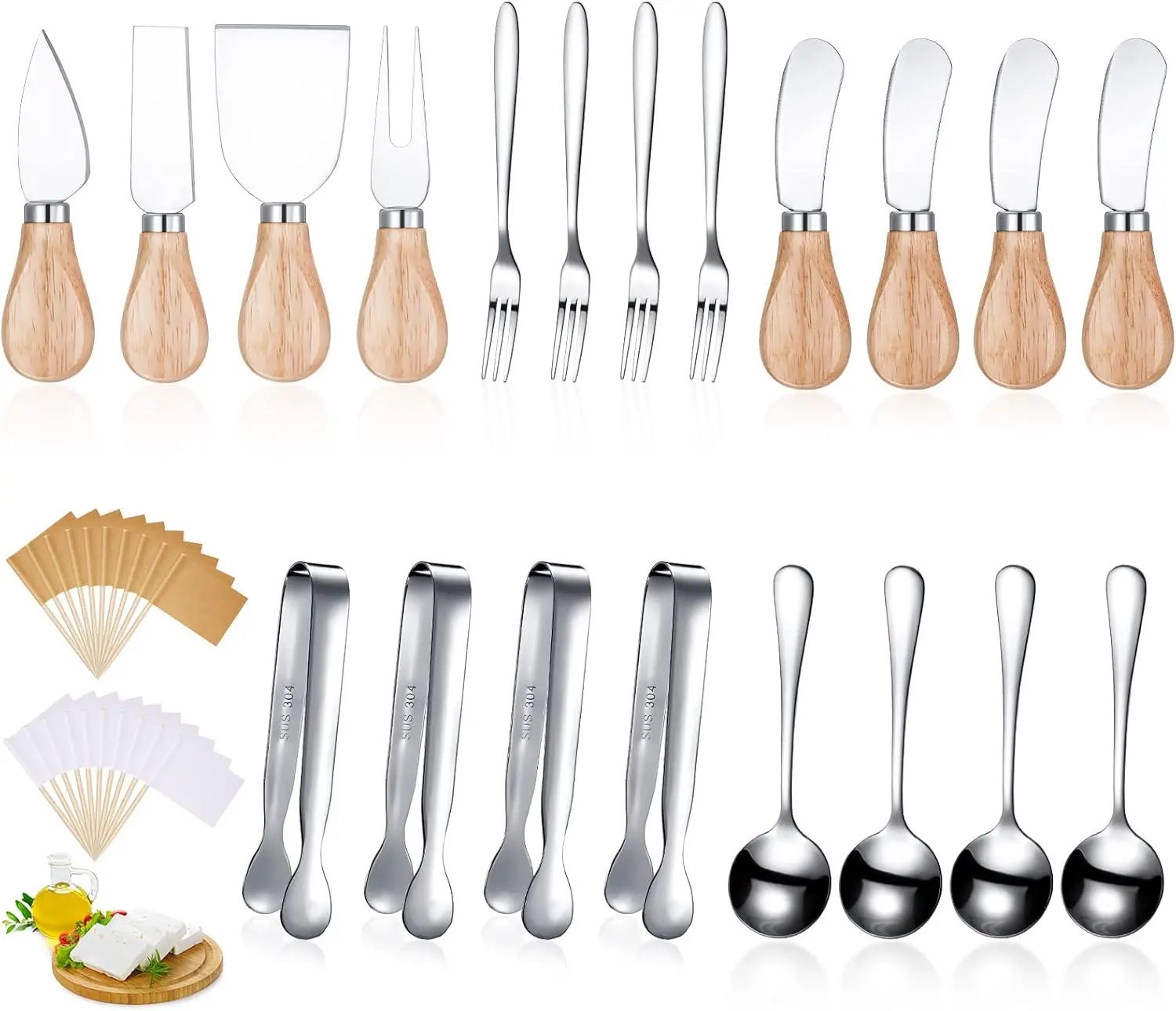 20Pcs Charcuterie Board Accessories Spreader Knife Set Cheese Butter Spreader Knife Charcuterie Utensils with Wooden Handles Mini Serving Tongs Spoons Forks for party Wedding Christmas