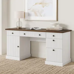 Garvee Modern 60" Executive Office Desk with Fluted Details & Charging Station - Wooden Computer Desk with File Drawers, Home Office Storage Desk for Study, Living Room or Bedroom, Walnut & White