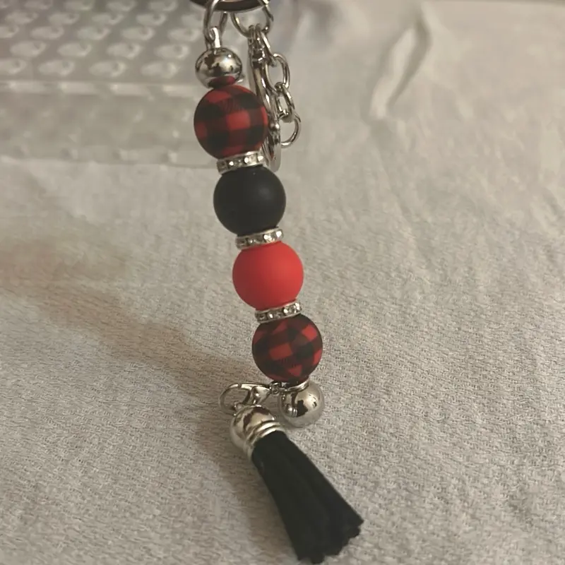 Checkered Keychain w/Tassel - Red and Black Beads