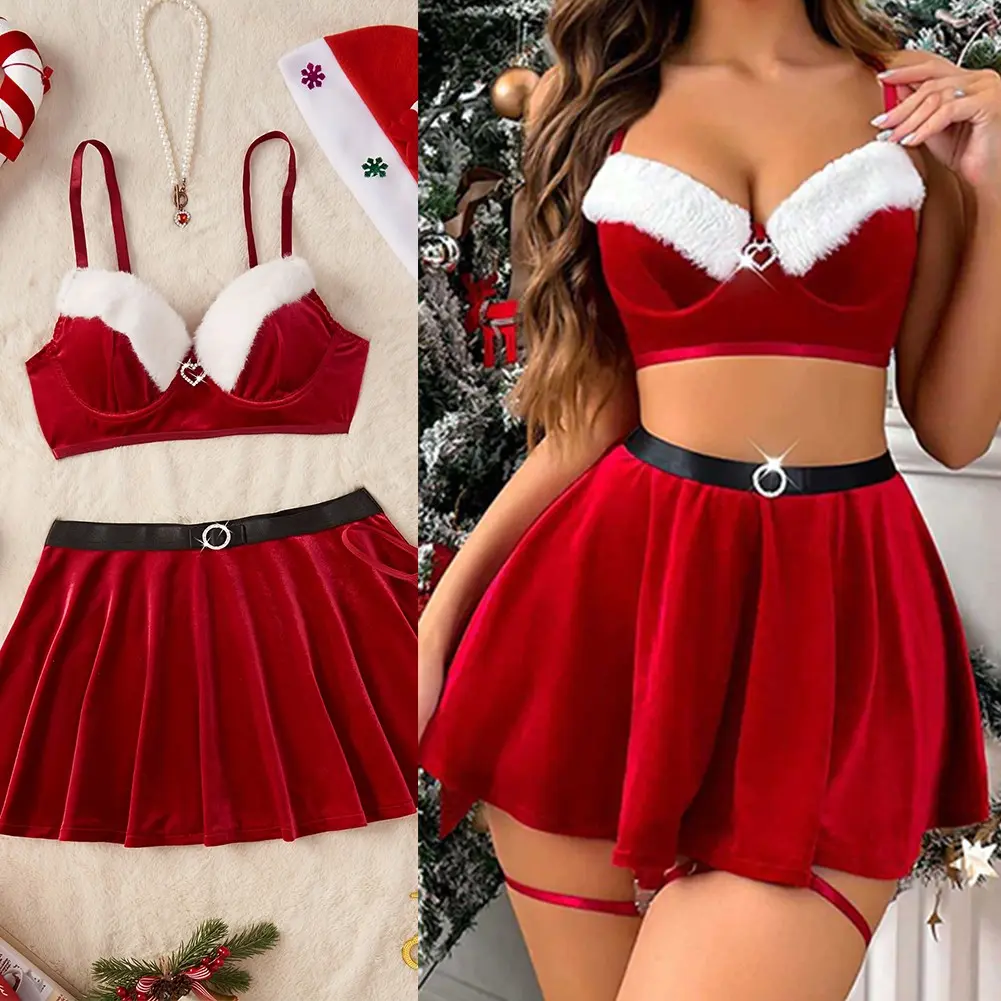 Women's Santa Lingerie Set, Sexy Velvet 2-Piece Bra and Skirt Holiday Costume Dress for Christmas Party, Bridal Wear, Outfits, Clothes, Lady