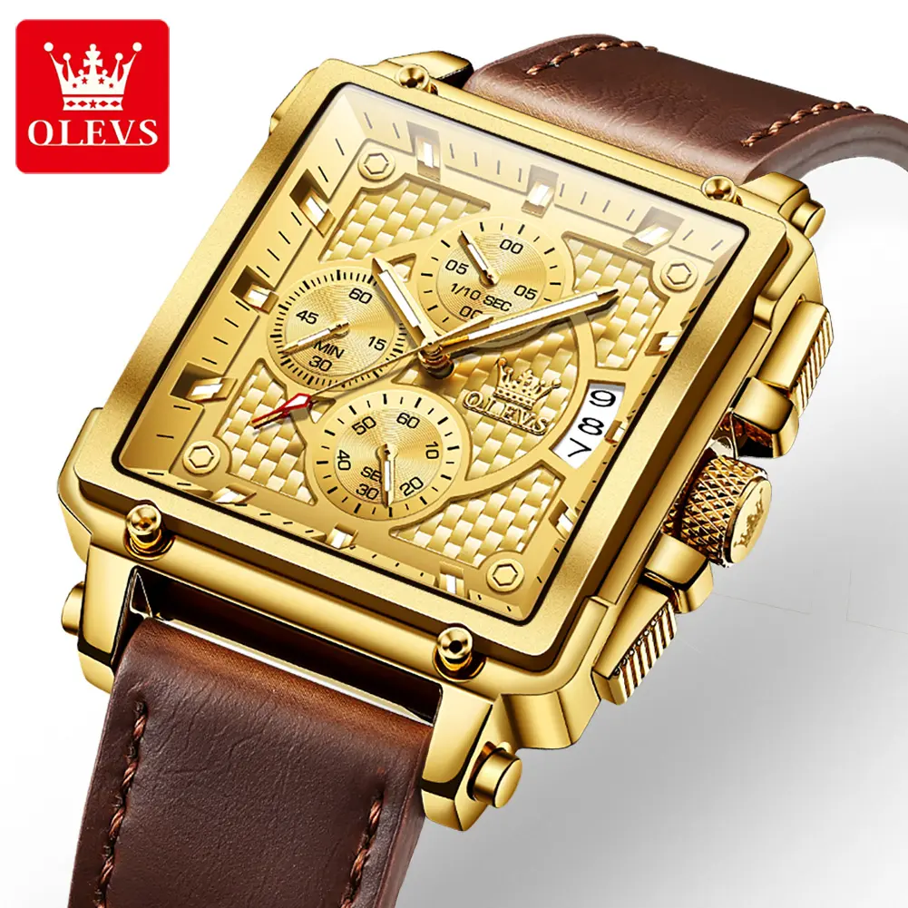 OLEVS Men's Genuine Leather Strap Square Dial Quartz Watch - Waterproof, Chronograph, Luminous, Multi-Function Gold Watch (Model 9925), Gold Watches