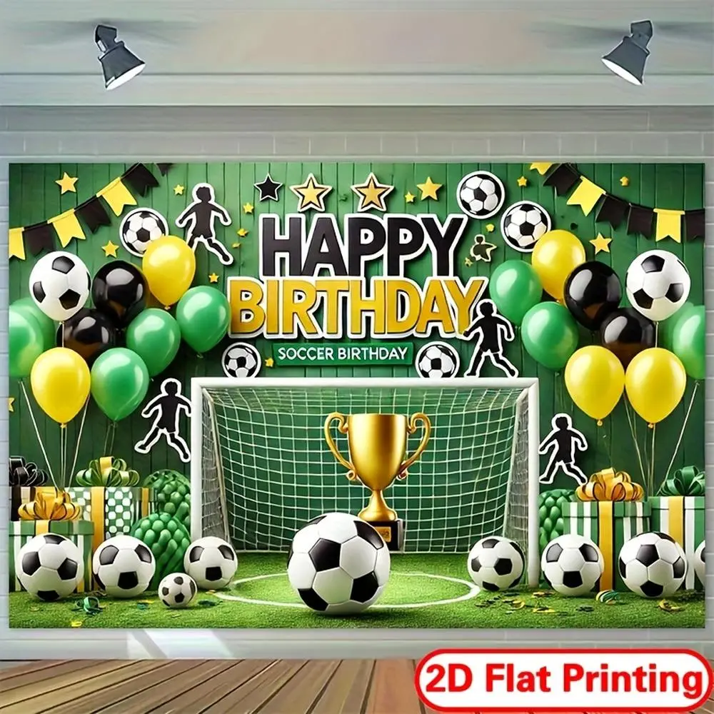 Soccer Birthday Party Backdrop Banner, 1pc Polyester Party Decor with Vibrant Green-Black Football Theme, 2D Flat Printing, "Happy Birthday" Text, Golden Trophy & Balloons, Durable Photography Backdrop