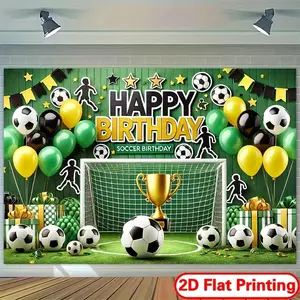 Soccer Birthday Party Backdrop Banner, 1pc Polyester Summervibes Decor with Vibrant Green-Black Football Theme, 2D Flat Printing, "Happy Birthday" Text, Golden Trophy & Balloons, Durable Party Decor Photography Backdrop
