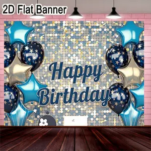 2D flat banner, 1pcHappy Birthday Banner with Metallic Balloon Decorations, Festive Party Backdrop in Dark Blue and Gold for Celebrating Special Moments, Shiny Sequin Background with Confetti for Birthdays and Celebrations