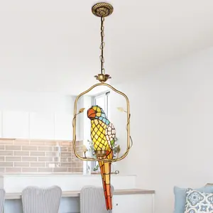 Tiffany Style Parrot Stained Glass Pendant Light, Antique Brass Iron Frame, E26 Base with Warm Light Bulb Included, Adjustable Hanging Chain, Wall Control for Kitchen Island Dining Room Bedroom Foyer