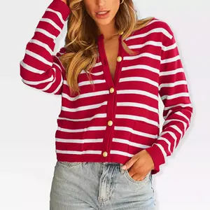 Womens Cardigan Sweaters Front Button Stripes Cardigan At Waist Long Sleeve Casual Sweater Jackets Soft Open Front Cardigan,Red Stripes - S