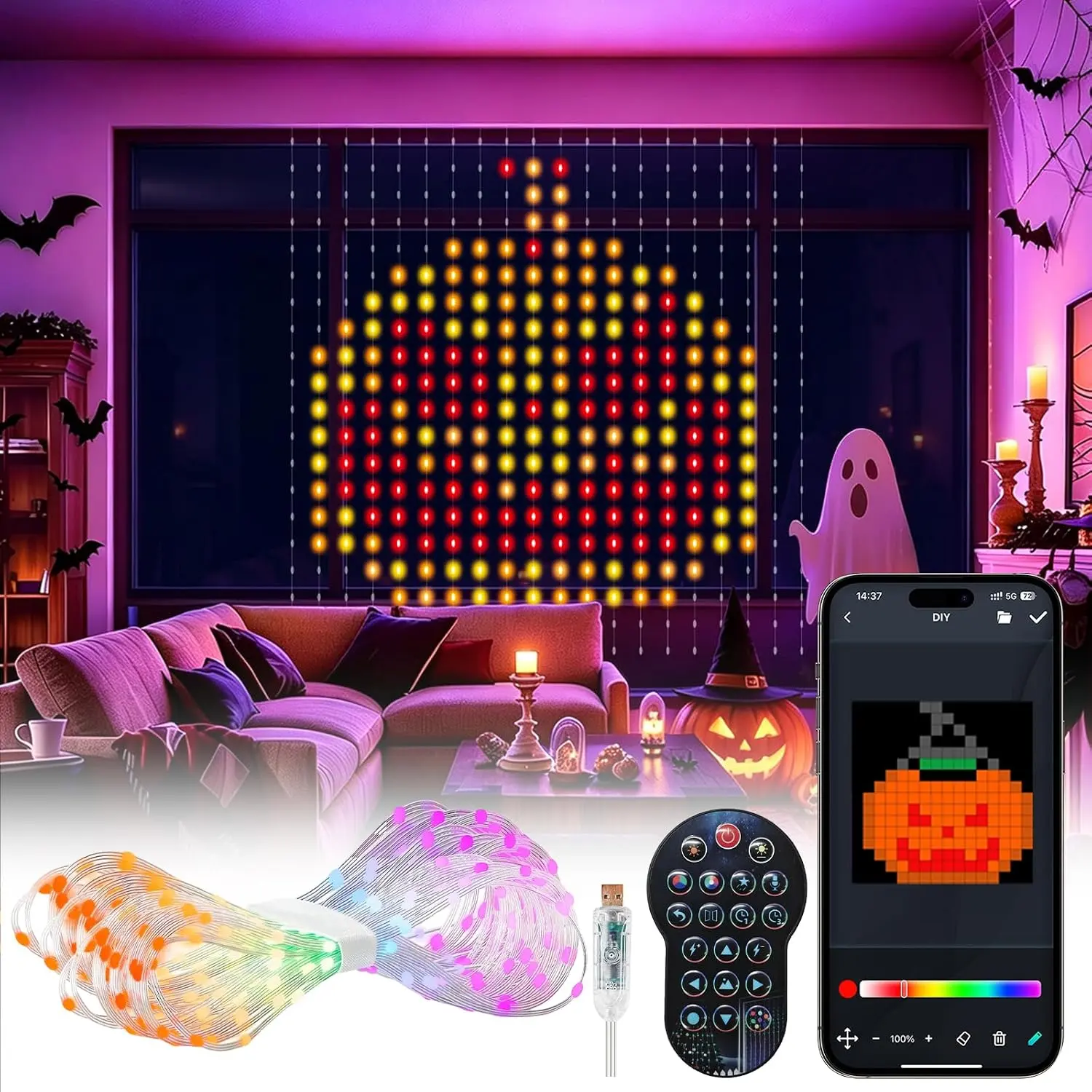Smart LED Smart Yard Flag Lights, RGB+IC Color Changing, 9.8x9.8ft 400-LED DIY String Lights with APP Remote Control & Timer, Car Interior Decoration for Bedroom, Party，Independence Day