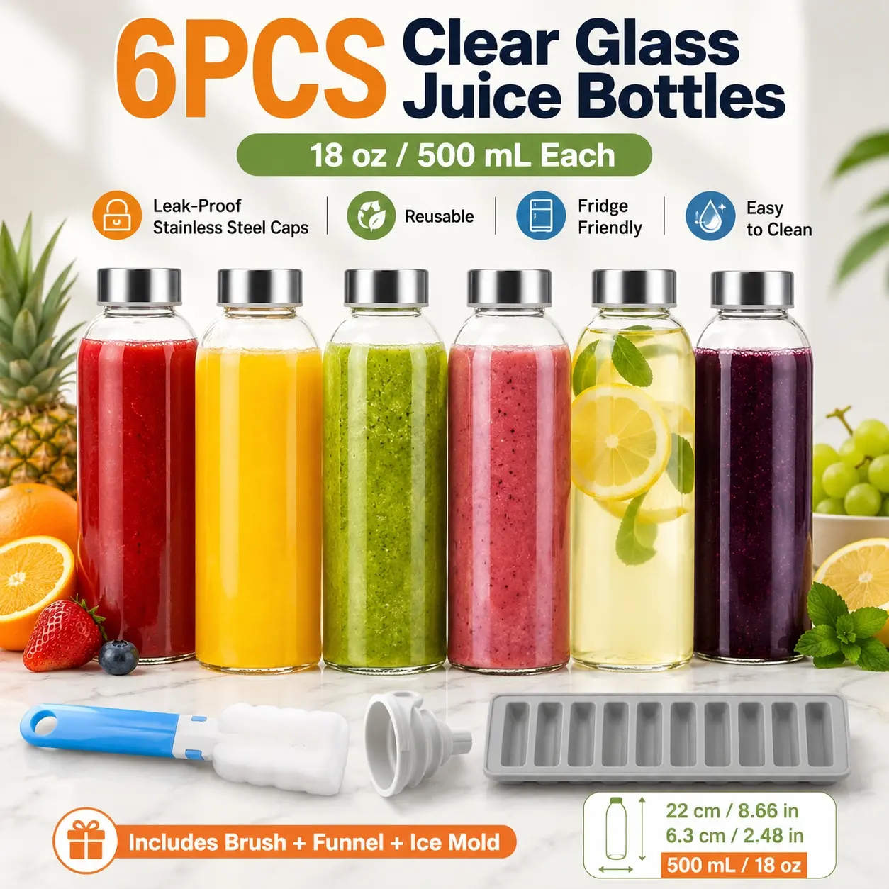 6Pcs Clear Glass Juice Bottles with Lids, Glass Drinking Bottles with Lids, 18oz Reusable Beverage Bottles with Stainless Steel Caps, Leak-Proof Drinkware Set with Cleaning Brush, Funnel & Ice Mold, for Juicing, Smoothies, Fridge Storage, Picnic & Travel