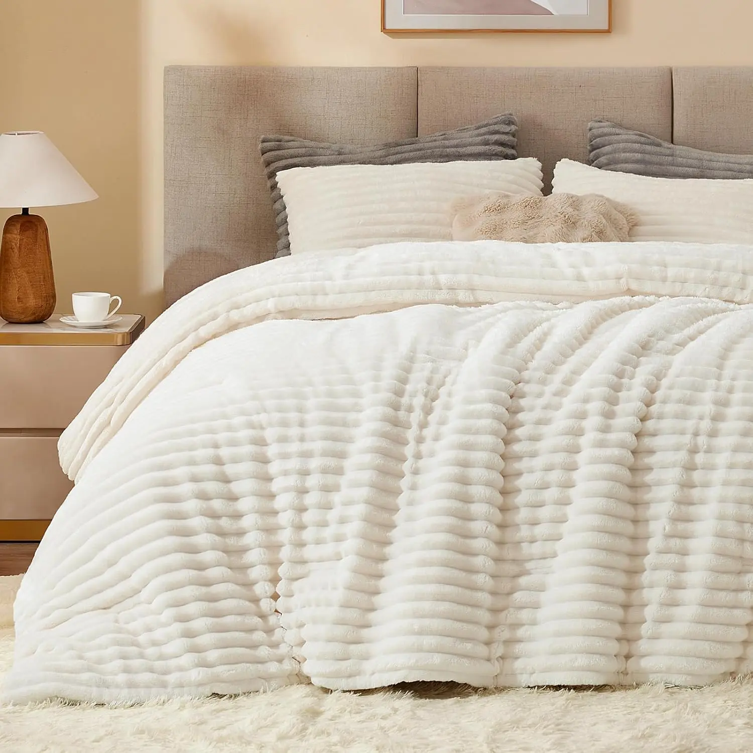 California King Striped Comforter Set - Super Warm, Fluffy Cream White, Fuzzy Heavy Winter Bedding with 2 Pillow Cases, Striped Pattern, All Seasons