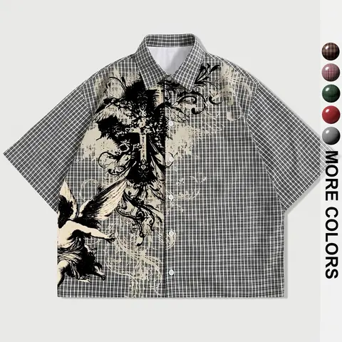 Men's Plaid Blouse, Casual Loose-Fitting Short Sleeve Shirt, Collared Shirts, Graphic Print, Minimalist Style, Comfortable Outdoor Wear