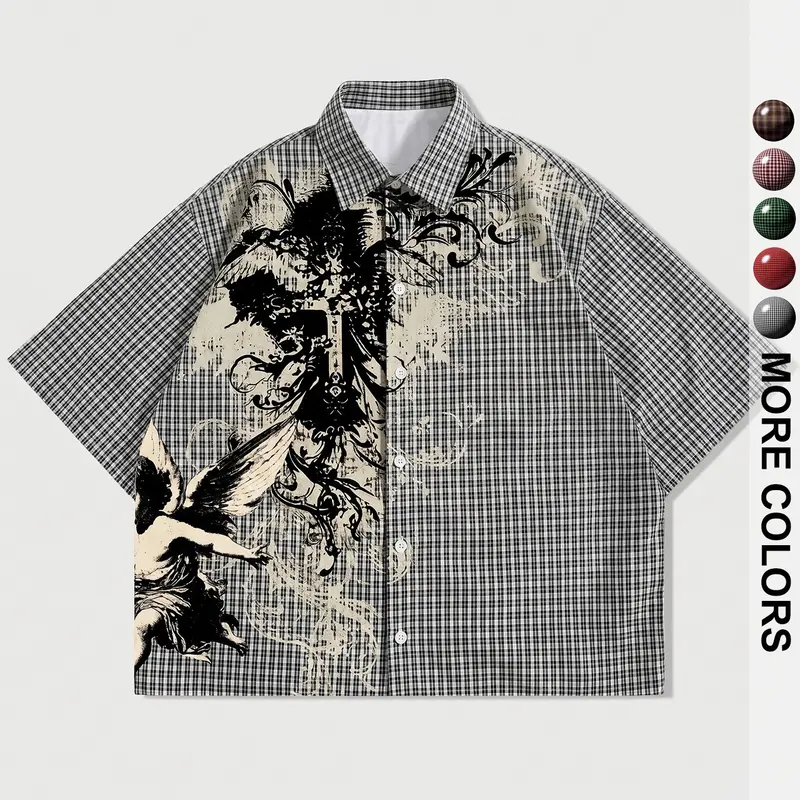 Men's Plaid Blouse, Casual Loose-Fitting Short Sleeve Shirt, Collared Shirts, Graphic Print, Minimalist Style, Comfortable Outdoor Wear
