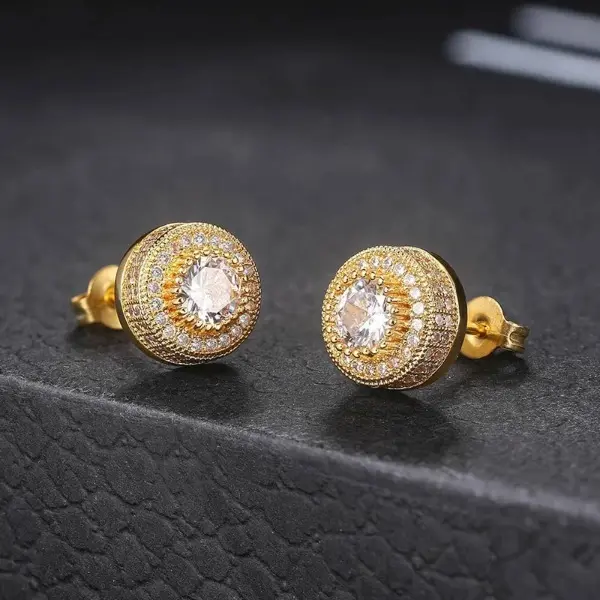 Men's Hip Hop Stud Earrings, Iced Out Round Synthetic Moissanite & Cubic Zirconia Gemstones, White Gold Plated Valentine's Day Gift, Synthetic Moissanite Stud, Cubic Zirconia Gemstone, Men's Jewelry, Mother’s Day