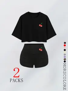 Women's Cherry Print Crop Top & Skinny Shorts Two-Piece Set, Casual Fashion Cozy Breathable Two Piece Outfits for Daily Outdoor Wear, Ladies Clothes for Summer, Suits, Matching Clothing Set