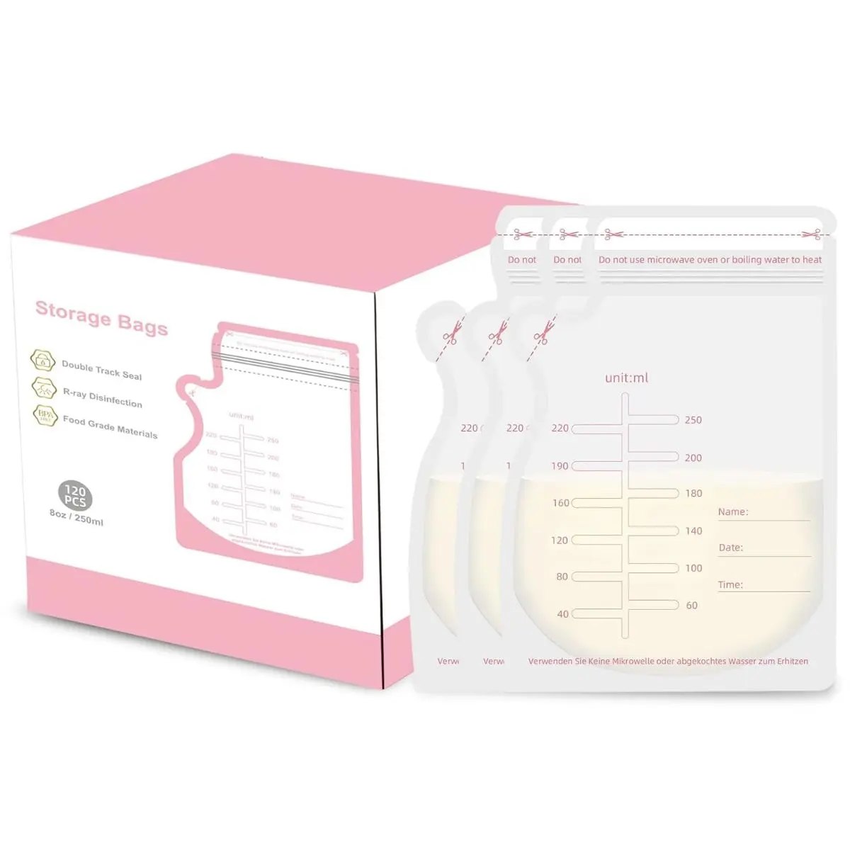 120Pcs Breastmilk Storage Bags, BPA-Free 8oz/250ml Breast Milk Storing Bags with Pour Spout, Self-Standing Leakproof Milk Freezer Storage Pouches for Breastfeeding Mothers