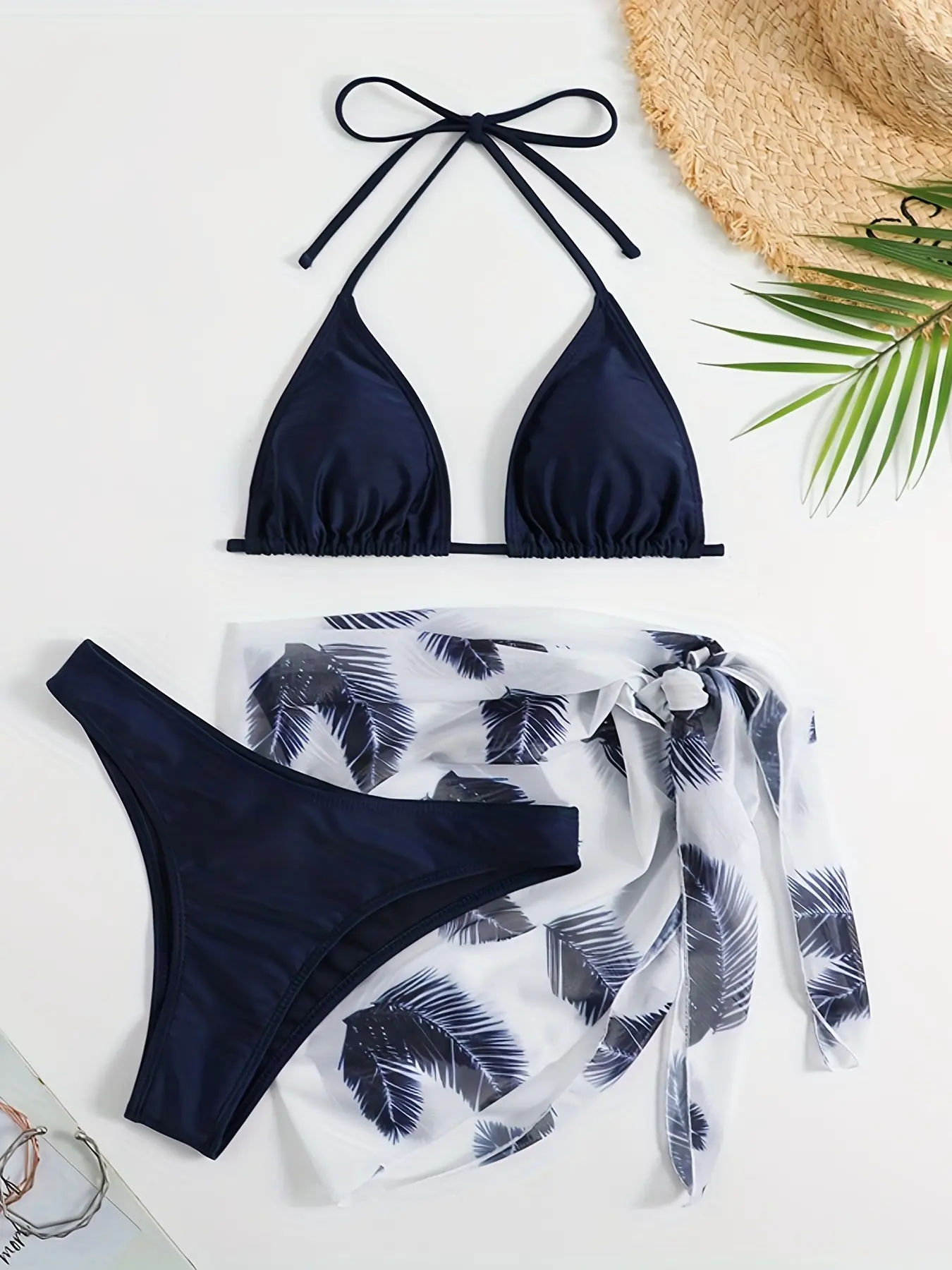 Women's Halter Neck Triangle Bikini Top & Swim Panty & Feather Print Cover Up Skirt Bikinis Set, Summer 2024 Elegant Swimwear Set, Ladies Summer Clothes, Triangle Bikini Sets, Chic Swimsuit Set