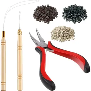 Hair Extension Kit Pliers Pulling Hook Needle Sewing Bead Device Tool and 600 Pieces Silicone Lined Micro Rings for Tinsel and Feather Hair Extensions or Removal (Black, Blonde and Brown Beads)