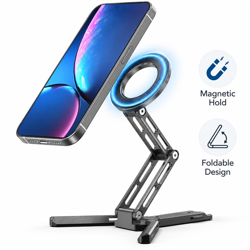 CAMBOFOTO CXJ31 Aluminium Alloy Magnetic Smartphone Stand - Portable Folding, Adjustable, Compact Desk Holder for Landscape View Hands-Free Use with Mobile Devices
