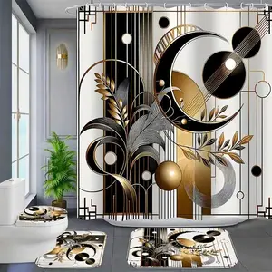 1/4 pcs geometric pattern removable shower curtain set, festive design, non-slip floor mat, U-shaped carpet, toilet lid cover, Bathroom Accessory, Bathroom Decoration Accessories, 12 hooks included