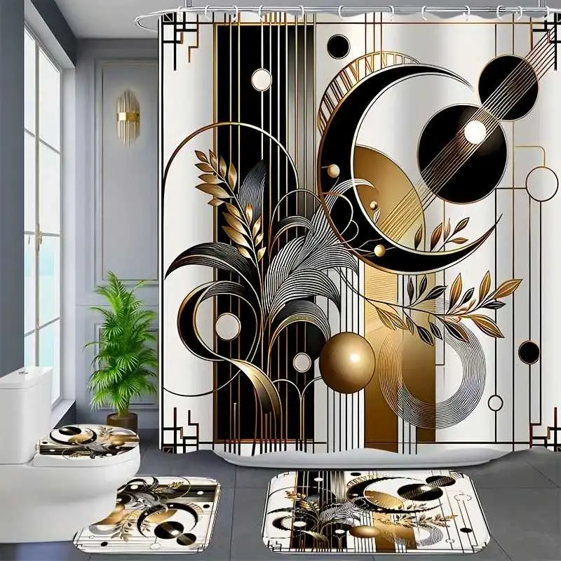 1/4 pcs geometric pattern removable shower curtain set, festive design, non-slip floor mat, U-shaped carpet, toilet lid cover, Bathroom Accessory, Bathroom Decoration Accessories, Bathroom Decor And Accessories, 12 hooks included