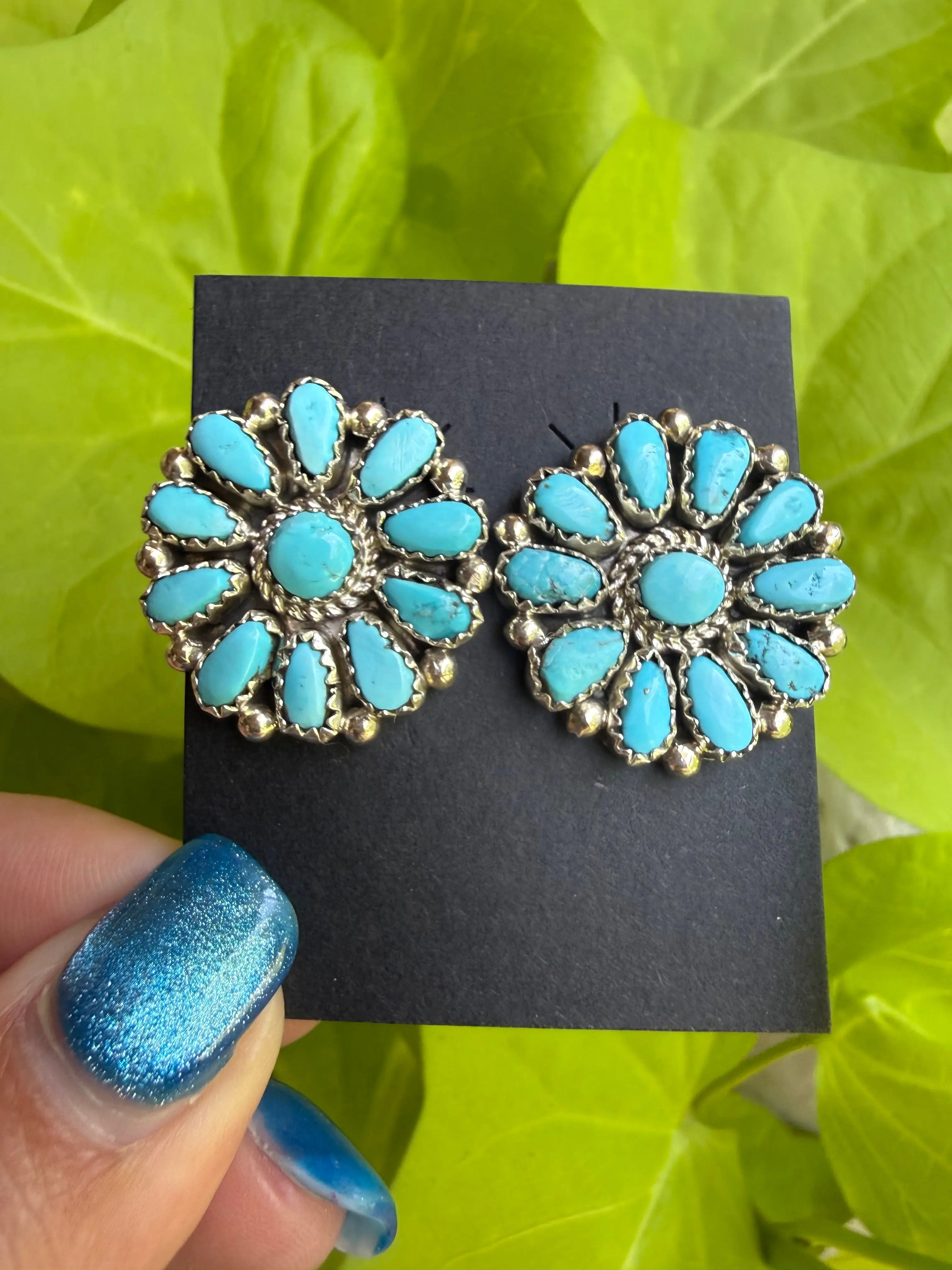 Navajo Turquoise Full Flower Cluster Sterling Silver Earrings
