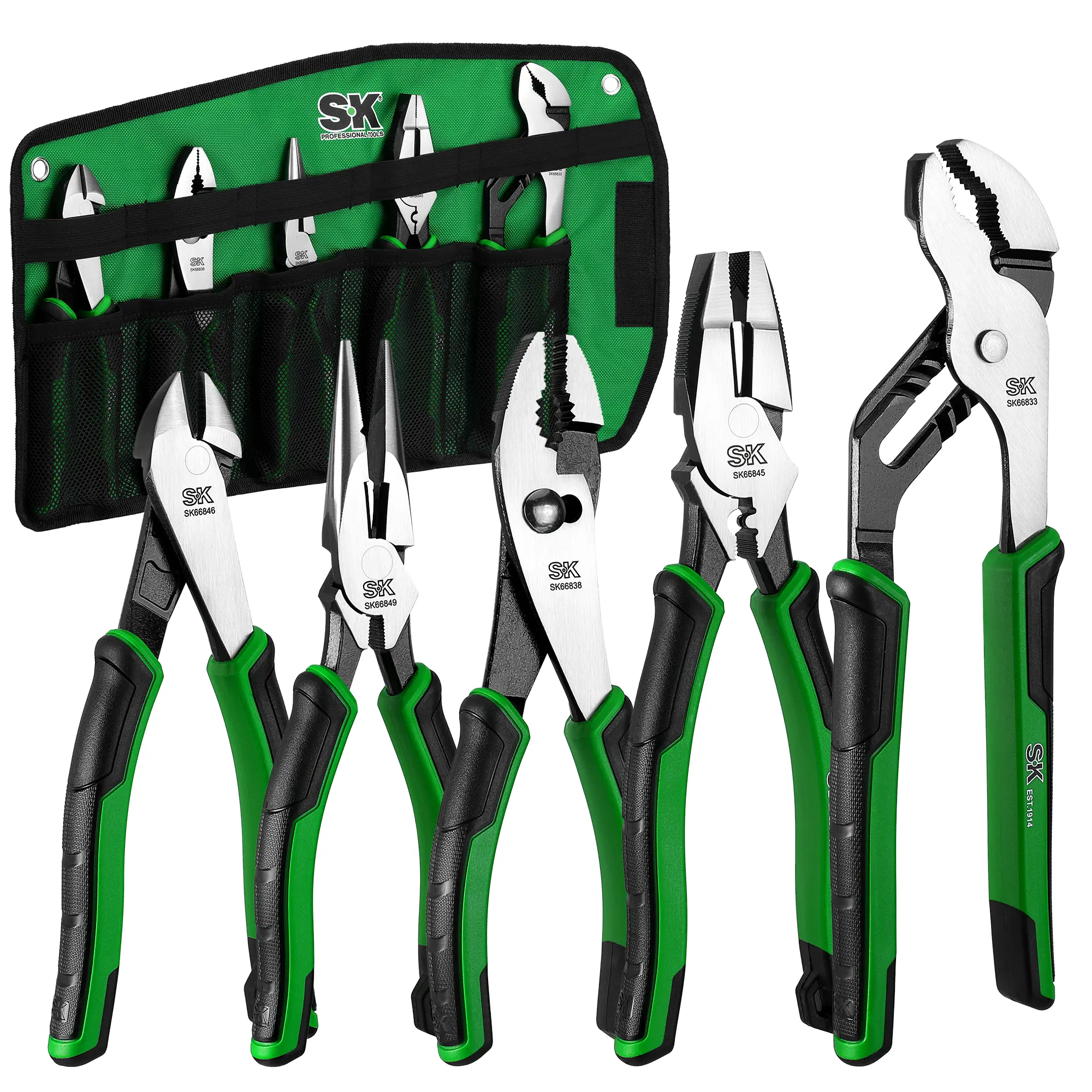 #summersale SK 5-Pack Pliers Set, 8" Needle Nose & Slip Joint & Diagonal Pliers, 9.5" Linesman Plier, and 10" Groove Joint Plier, CR-V Construction, Anti-slip Handle, with Rolling Pouch