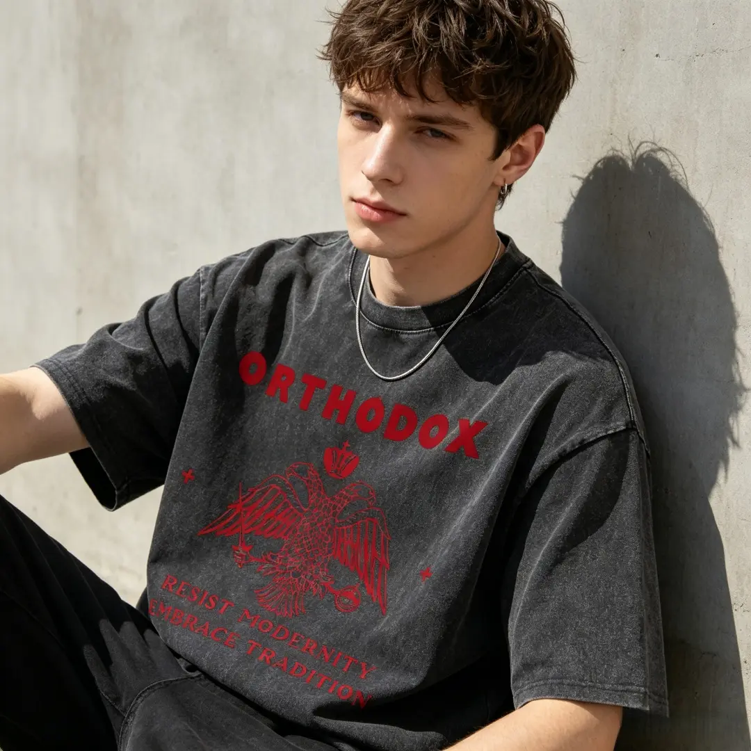 "Orthodox Double Headed Eagle" Unisex Religious Crest Graphic Print Tee, Oversized Vintage Washed 100% Heavyweight Cotton Short-Sleeve T-shirt, Summer Byzantine Tradition Streetwear for Men Women