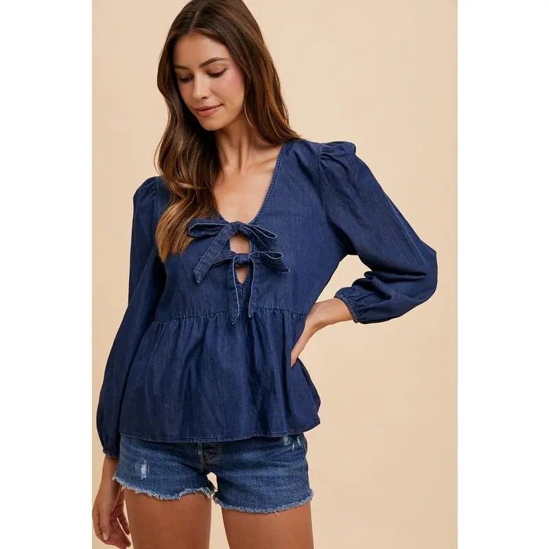 Annie Wear Tie Front Peplum Long Sleeve Denim Top Womenswear Blouse