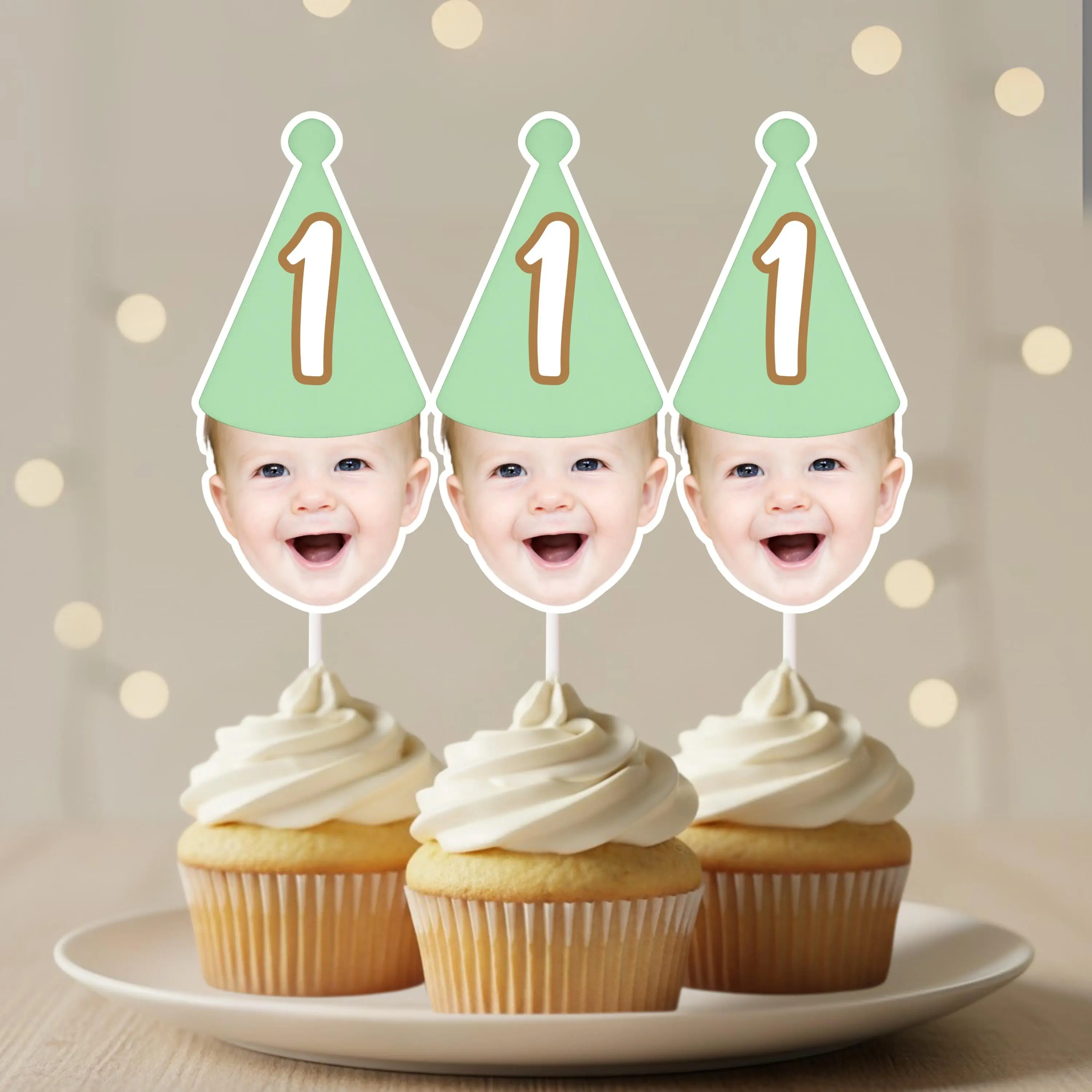 Party Hat Face Cupcake Toppers – Personalized Birthday Age Photo Decor