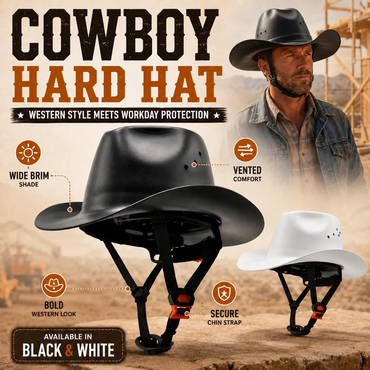 Cowboy Hard Hat for Men Western Style Work Helmet with Chin Strap Wide Brim Vented Design for Construction Ranch Farm & Outdoor Work Blue-Collar Gift