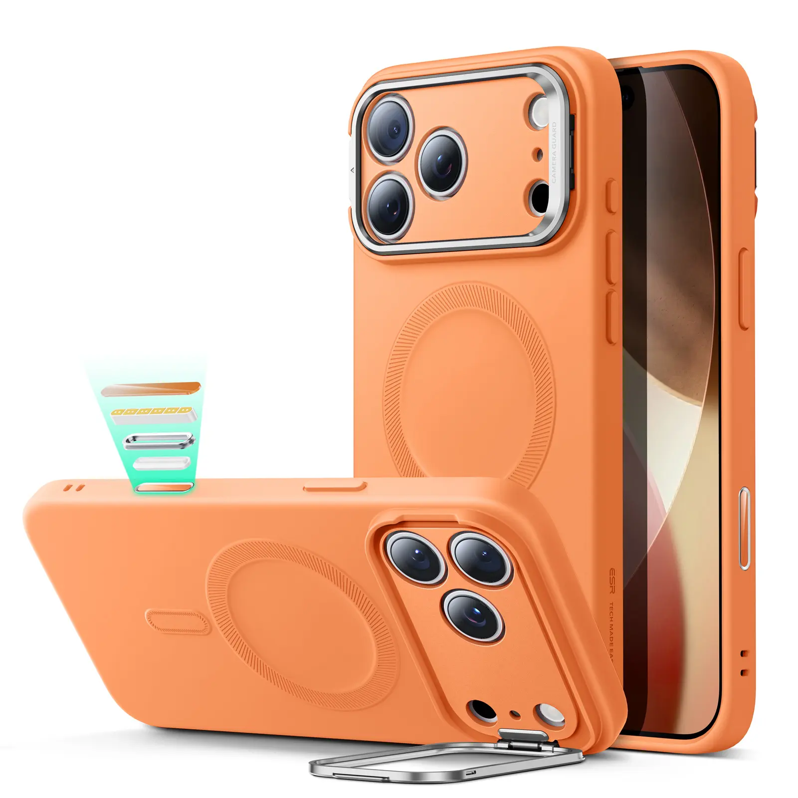 ESR Silicone Protective Cover for iPhone 17 Pro Max/17 Pro/17/16 Pro Max/16 Pro/16 Plus/16, Adjustable Built-in Camera Stash Stand, MagSafe-Compatible, Military-Grade Shockproof Drop Protection Mobile Phone Accessories