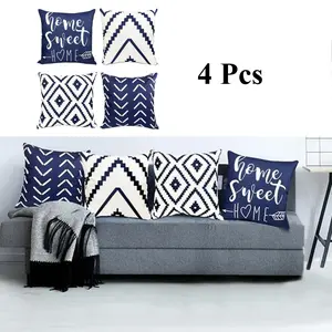 4 Pcs Decorative Throw Pillow Covers 18x18 Inch Blue Pillow Covers for Couch Sofa Living Room Bedroom car,Farmhouse Outdoor Throw Pillow Cover,Modern Geometric Linen Square Throw Pillow Case party  supplies