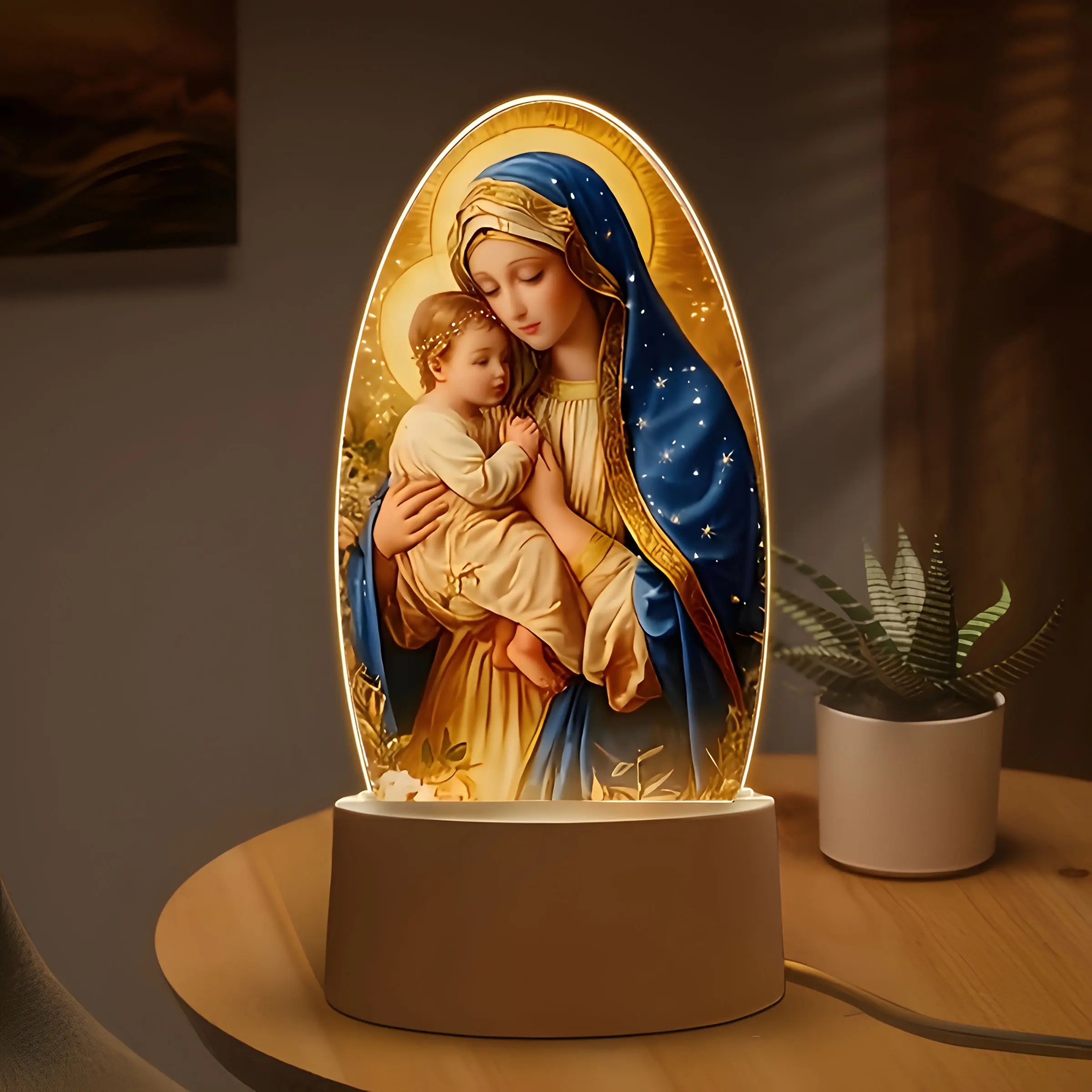 Acrylic LED Night Light, Starry Night Light, Virgin Mary Shape Warm Lighting, USB Powered Table Lamp, Decorative Lamp, Decoration Lamp, Home Living Room Decor, Ambient Decor Lighting, Decorative Ambiance Lighting, Thanksgiving Christmas Gift