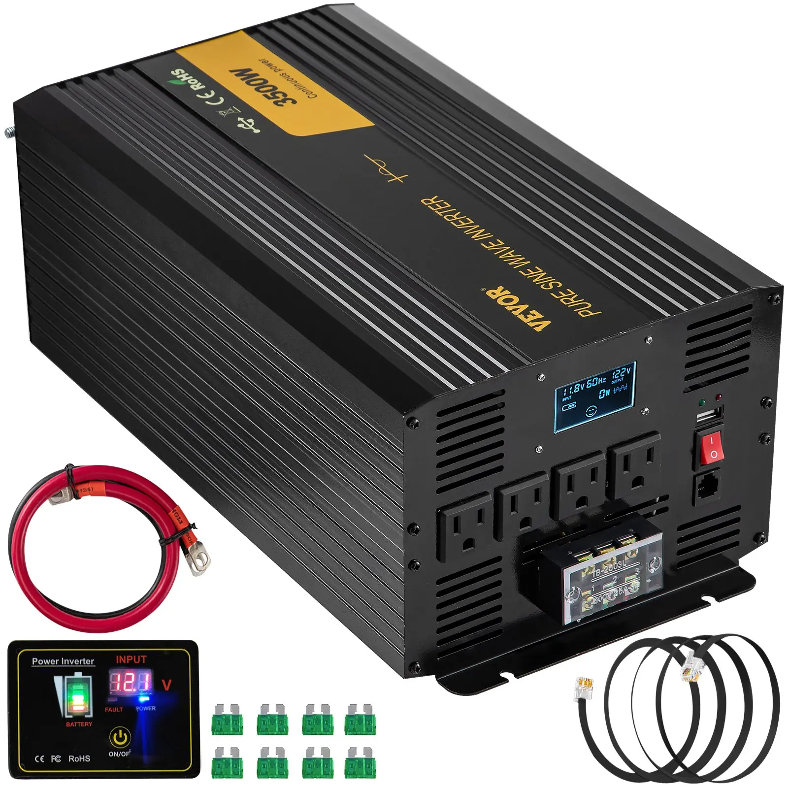 Pure Sine Wave Inverter for RV, Truck, Car Solar Systems, Travel & Camping: Available in 3500 Watt & 2500 Watt Versions, DC 12V to AC 120V Car Inverter with USB Port, LCD Display, Remote Controller, and GFCI AC Outlets (3500W Model Only)