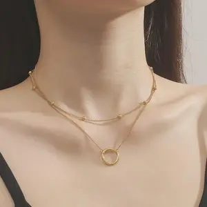 Clean Girl Aesthetic 18K Gold Plated Titanium Steel Layered Necklace, Tarnish Free Waterproof Minimalist Circle Pendant Jewelry, Quiet Luxury Audrey Necklace Stacks for Women