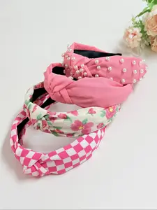 4pcs Elegant Chic Headbands Faux Pearl Fabric Hairbands, Rose Plaid & Solid Color Floral Print Knotted Headbands, All Seasons Women's Accessories
