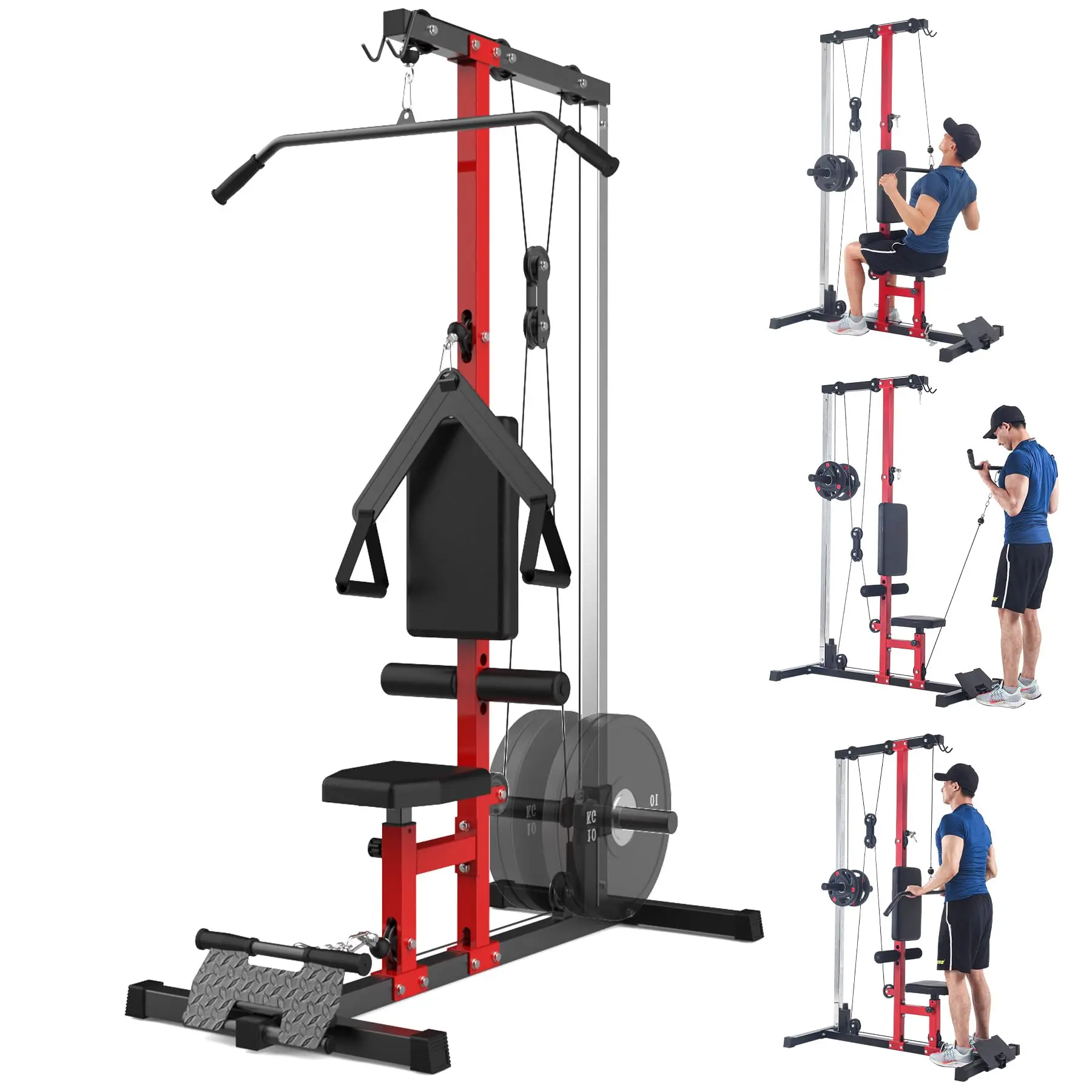 Black-Red Home Gym Lat Pulldown System - Adjustable Exercise Machine with High/Low Pulley Station, Smooth Pull Motion, Adjustable Leg Support, Arm Workout Tool for Total Body Strength Training