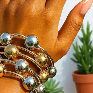 Set of 9 Chunky Acrylic Bead Bangle Bracelet Pearl Gold & Silver Tube Stackable Statement Jewelry for Women Fashion Accessories
