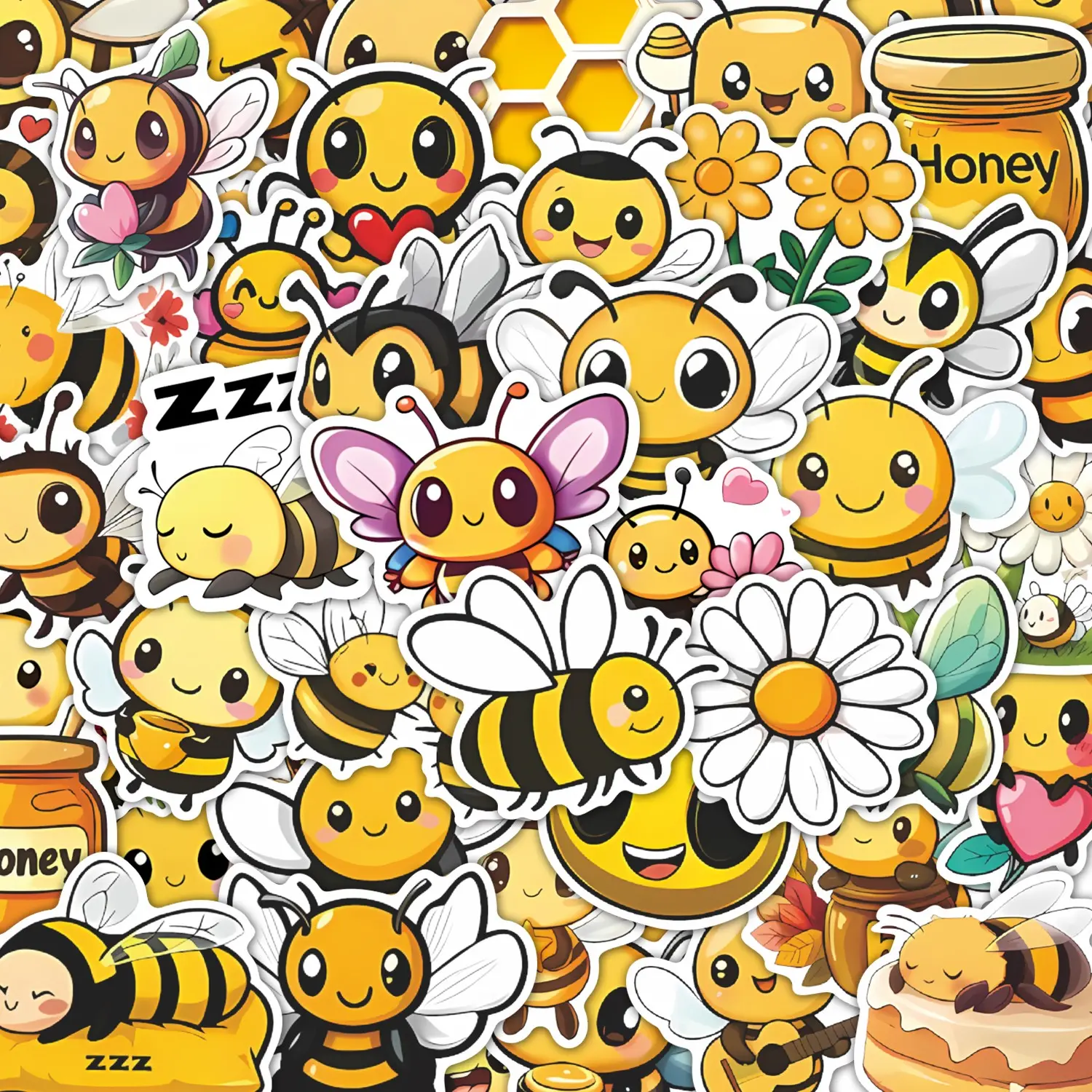50Pcs Cute Bee Sticker Set, Waterproof Honey Aesthetic & Kawaii Insect Vinyl Decals for Laptop, Water Bottle, Journal & Scrapbook, Bee Lover Gift, Cute Stickers