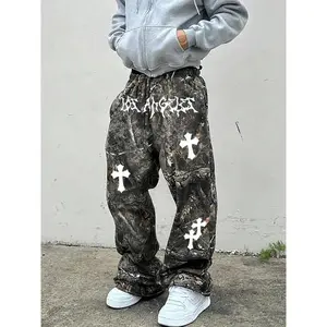 Men's Branch Cross Print Sweatpants, Fashion Streetwear Joggers, Casual Hip Hop Pants for All Seasons, Fitted Woven Fabric